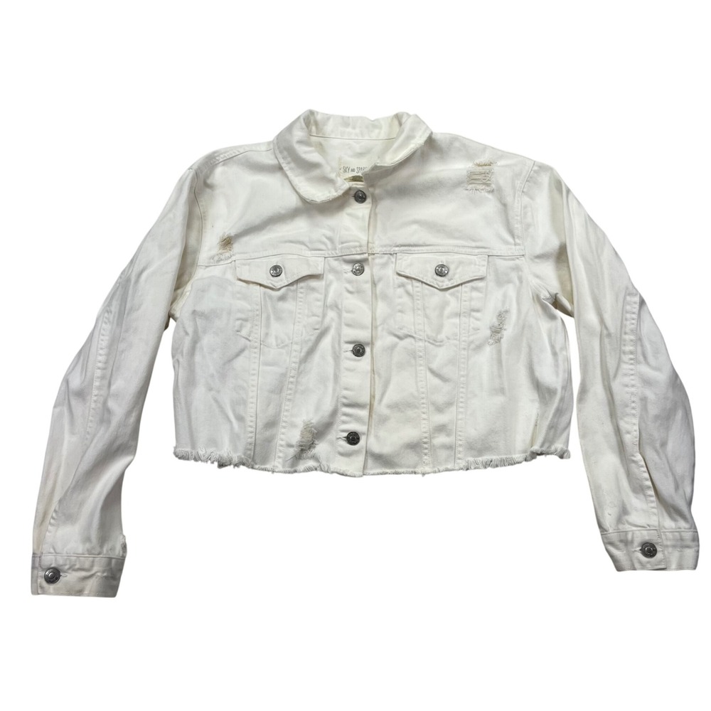 Sky and Sparrow Denim Jacket Women XL White Distressed Cropped Frayed Hem Cotton
